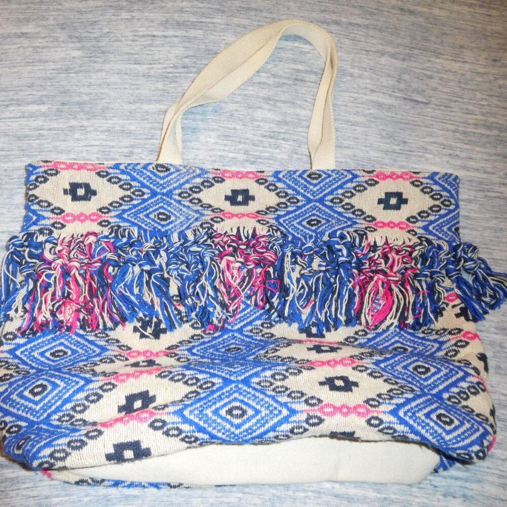 AZTEC BLUE BLACK PINK PATTERENED LARGE TOTE BAG
